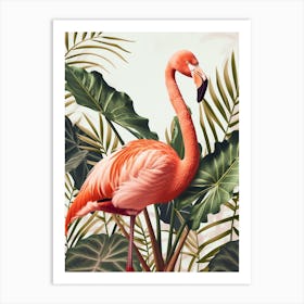 American Flamingo And Alocasia Elephant Ear Minimalist Illustration 4 Art Print