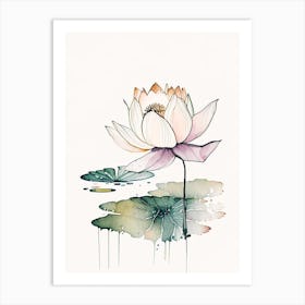 Blooming Lotus Flower In Pond Minimal Watercolour 3 Art Print