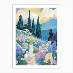 Girl Walking Dog In The Garden Colorful Art Print