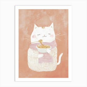 Cosy Cat Pasta Lover Folk Illustration 1 Art Print