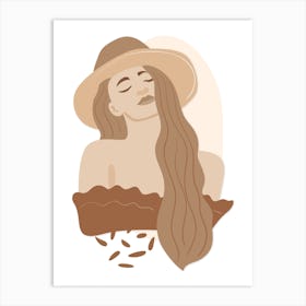 Portrait of a Woman with hat Beige Boho Art Print