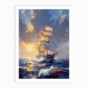 Sailing Ship At Sunset Art Print