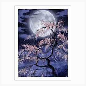 Cherry Blossom Tree At Night Art Print