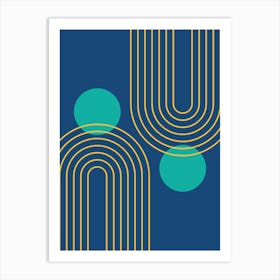 Mid Century Modern Geometric cI in Cottage Teal Navy Blue Mustard Yellow (Rainbow and Sun Abstraction) Art Print