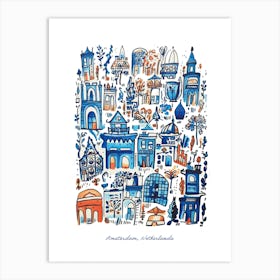 Amsterdam Netherlands Landmarks Illustration Line Art Travel Blue Art Print