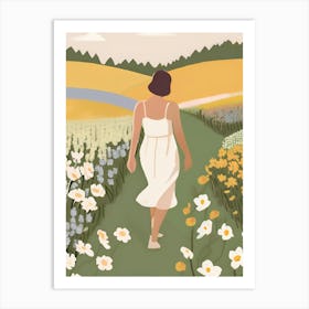 Woman Walking Through A Field Of Flowers Art Print