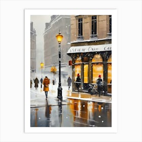 Paris cafes, winter season, Christmas, autumn oil colors, pale colors, pedestrians in the street, winter clothes, falling snow.Christmas decorations.1 Art Print