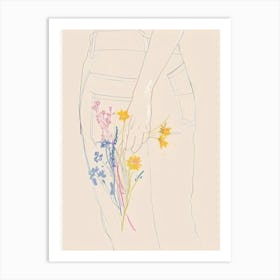 Blue Jeans Line Art Flowers 8 Art Print