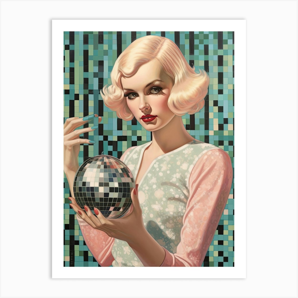 Pink Lady Disco Ball Painting Paper Print