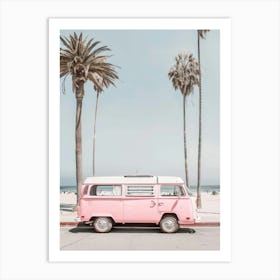 Pink Vw Bus At The Beach Art Print