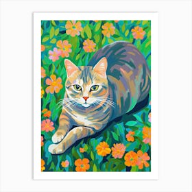 Cat Chilling With Flowers Oil Painting Art Print