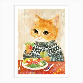 Brown Cat Eating Salad Folk Illustration 4 Art Print