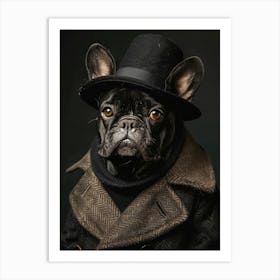 Black French Bulldog with clothes and hat Art Print