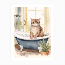Scottish Fold Cat In Bathtub Botanical Bathroom 2 Art Print
