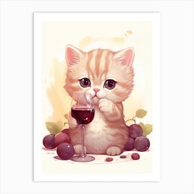 Kawaii Cat Drawings Tasting Wine 3 Art Print