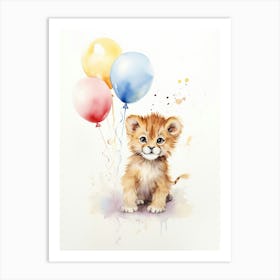 Playing With Balloons Car Watercolour Lion Art Painting 2 Art Print