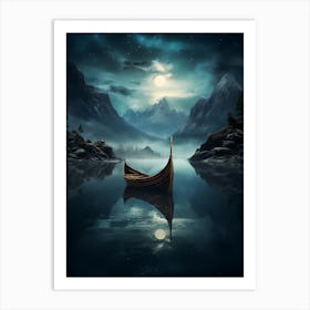 Viking Boat In The Night Art Print