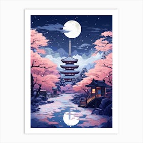 Winter Travel Night Illustration Kyoto Japan 4 Art Print