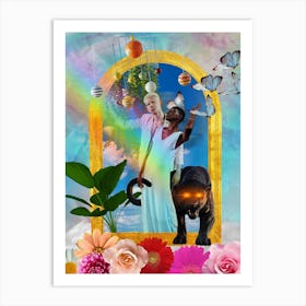 Afrofuturist collage African art comic space panther floral plant Art Print