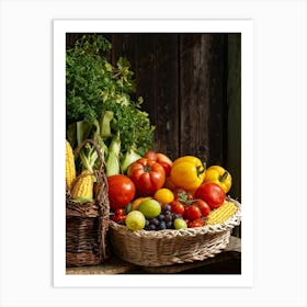 Assorted Vegetables And Fruits From A Fresh Farm Harvest Arranged In A Rustic Wicker Basket Overfl (4) Art Print