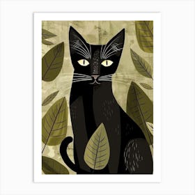 Black Cat With Leaves Art Print