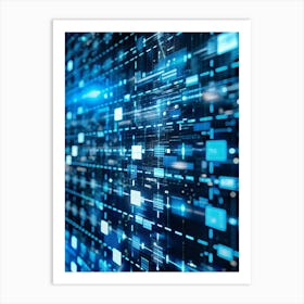 A Close Up Abstract View Of A Grid Of Glowing Blue Lines, Squares, And Binary Code, Representing Data Processing And Technology Art Print