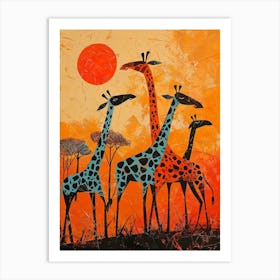 Abstract Giraffe Herd In The Sunset 2 Art Print