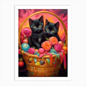 Black Kittens In A Basket Kitsch 4 Art Print