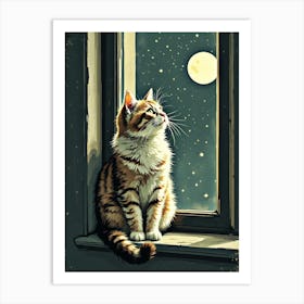 Cat Sitting In A Windowsill, Gazing Out At The World With Curiosity Art Print