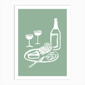 Wine and Cheese Aperitif Kitchen Illustration - White Green Art Print