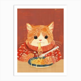 Cute Brown White Cat Eating Pasta Folk Illustration 1 Art Print