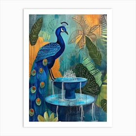 Linework Leaves & Peacock In A Fountain Art Print