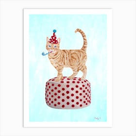 Party Ginger Cat On A Pouf Art Print
