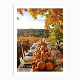 An Autumnal Thanksgiving Dinner Setting Where The Wooden Table Basks Under Golden Afternoon Sun A (3) Art Print