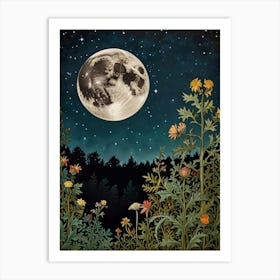 Moon Over Wildflowers Style William Morris Art Print