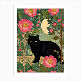 William Morris Black Cat In Pink Flowers Art Print