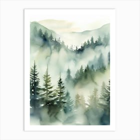 Appalachian Mountains of Misty Pines Watercolor Print of Evergreen Forest..133 Art Print