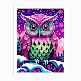 Pink Owl Snowy Landscape Painting (95) Art Print