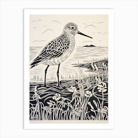 B&W Bird Linocut Dunlin 1 Art Print
