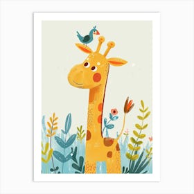 Small Joyful Giraffe With A Bird On Its Head 14 Art Print