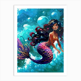 Mermaid, indian, melanin, cute, kids, underwater, sea, ocean, bubbles Art Print