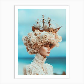 "Tropical Beach Woman with Ship Crown" Art Print