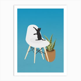 Minimal art of a cat playing on a chair Art Print