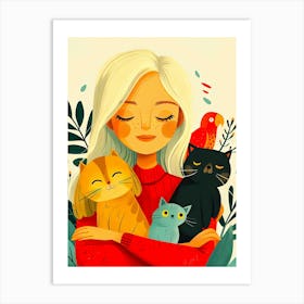 Girl With Cats Art Print