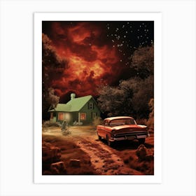 1950s Retro Inspired Creepy Halloween Scene Green House and Car Art Print