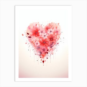 Pink red Heart love Flowers watercolor illustration Art Print