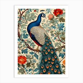Floral Cream Vintage Peacock Wallpaper 1 Art Print