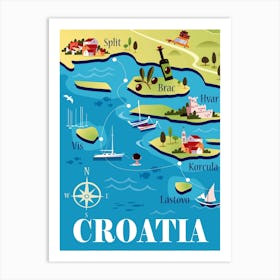 Croatia Illustrated Map Poster Blue & Green Art Print