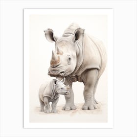 Detailed Illustration Of A Rhino With A Baby Rhino Art Print