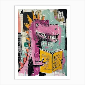Dinosaur Reading A Book Pink Blue Graffiti Brushstroke 1 Art Print